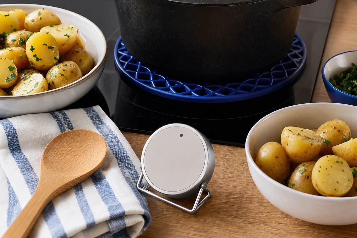 Schwarzer Topf mit Deckel, gegarte Kartoffeln und Kochthermometer beim Garen mit Restwärme