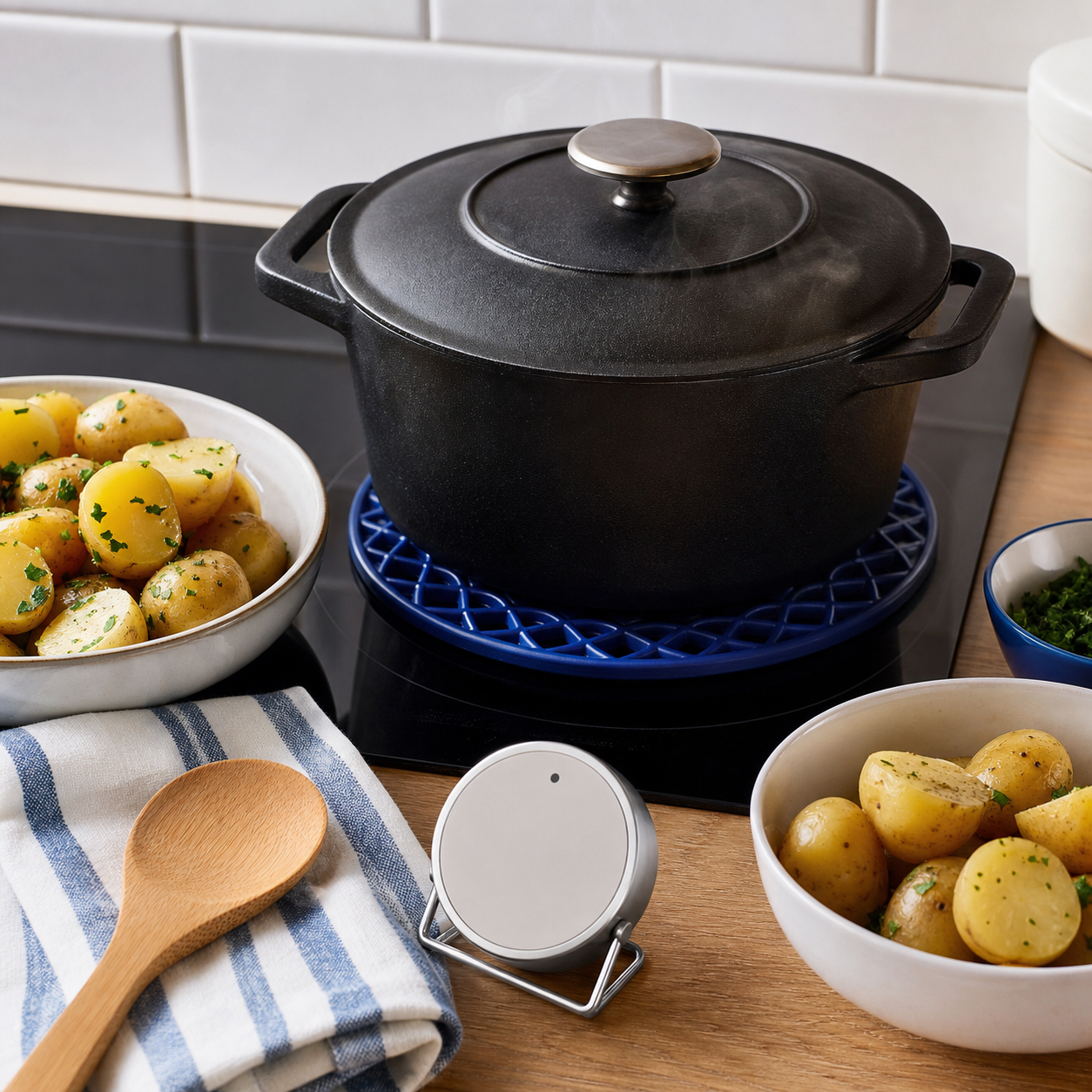 Schwarzer Topf mit Deckel auf kobaltblauem Untersetzer neben gegarten Kartoffeln und Holzlöffel